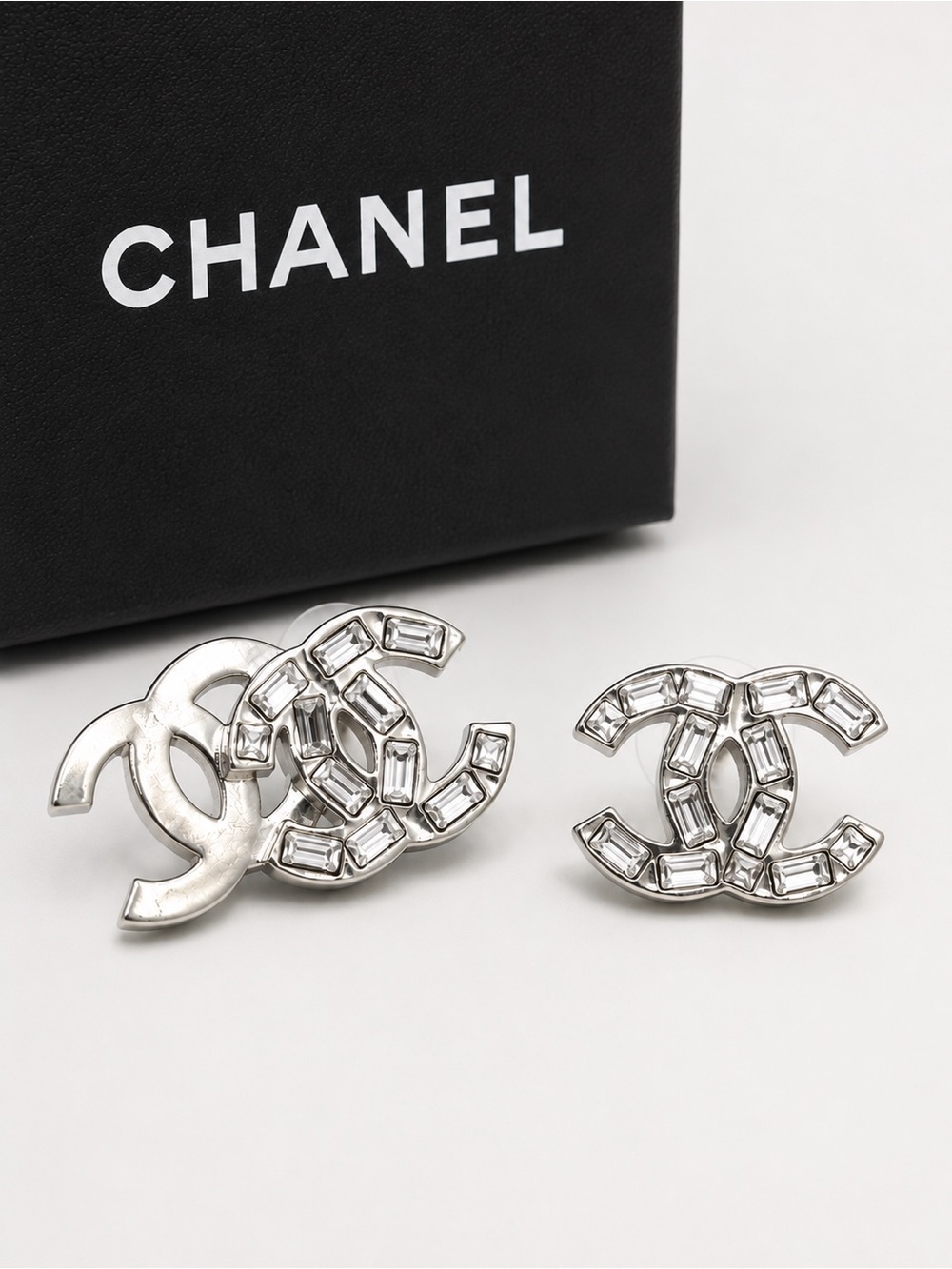 Authentic CHANEL Crystal Double CC Asymmetrical Earrings Silver BNIB